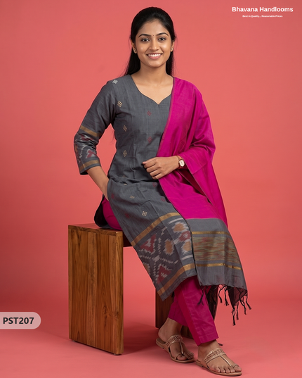 Pochampally Semi Pattu 3PC Kurti Set in Slate Grey Colour | Ready-to-Wear Ethnic Wear