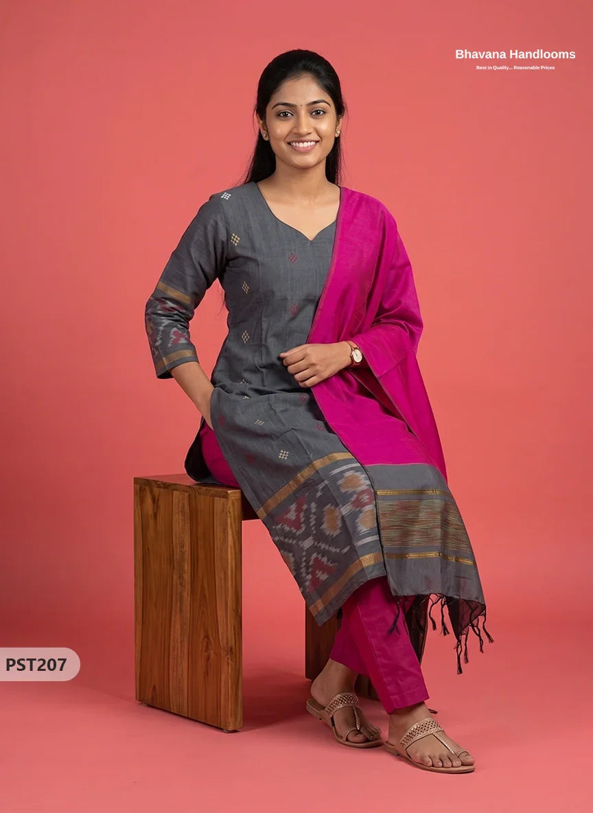 Pochampally Semi Pattu 3PC Kurti Set in Slate Grey Colour | Ready-to-Wear Ethnic Wear