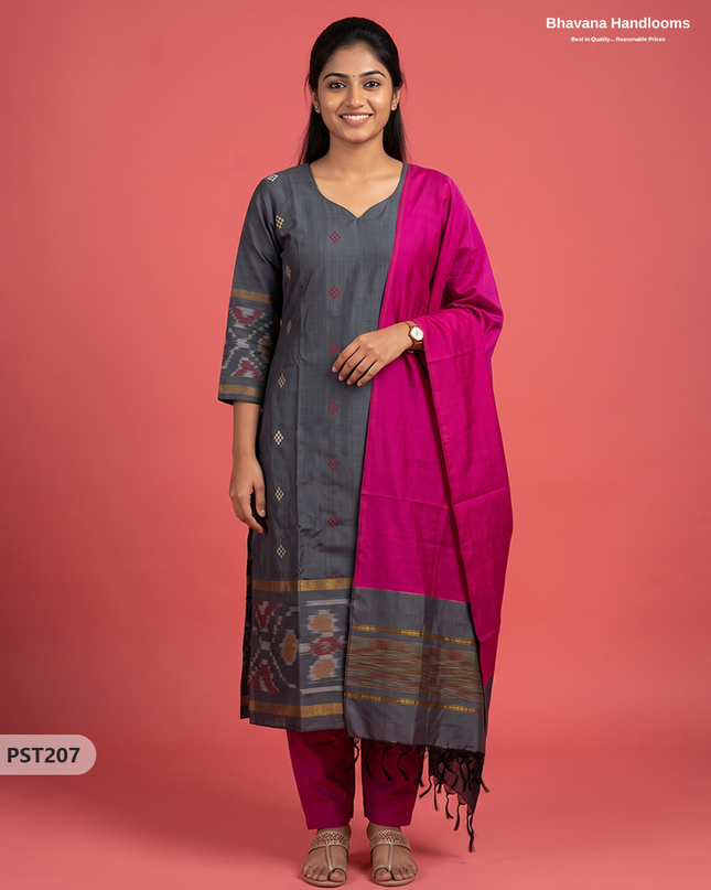 Pochampally Semi Pattu 3PC Kurti Set in Slate Grey Colour | Ready-to-Wear Ethnic Wear
