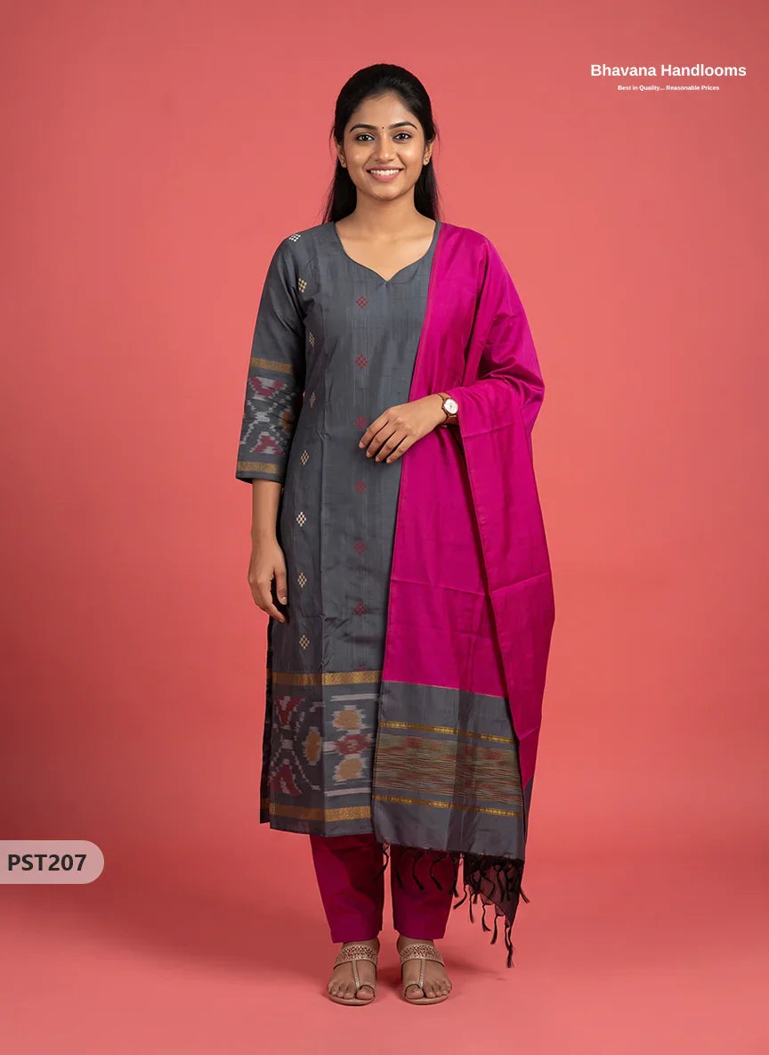Pochampally Semi Pattu 3PC Kurti Set in Slate Grey Colour | Ready-to-Wear Ethnic Wear