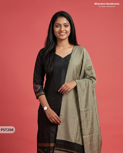 Pochampally Semi Pattu 3PC Kurti Set in Black Colour | Ready-to-Wear Ethnic Wear