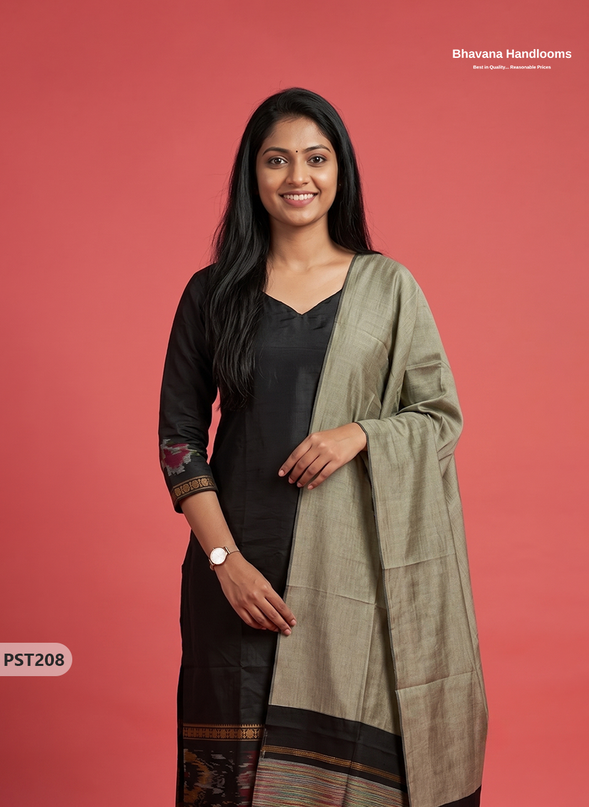 Pochampally Semi Pattu 3PC Kurti Set in Black Colour | Ready-to-Wear Ethnic Wear