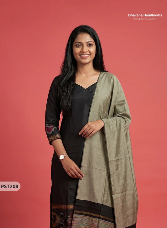 Pochampally Semi Pattu 3PC Kurti Set in Black Colour | Ready-to-Wear Ethnic Wear
