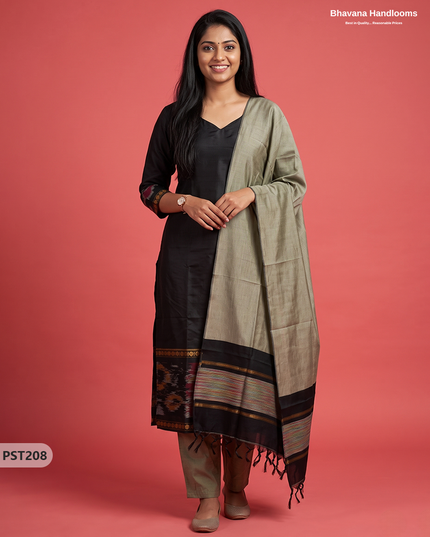 Pochampally Semi Pattu 3PC Kurti Set in Black Colour | Ready-to-Wear Ethnic Wear