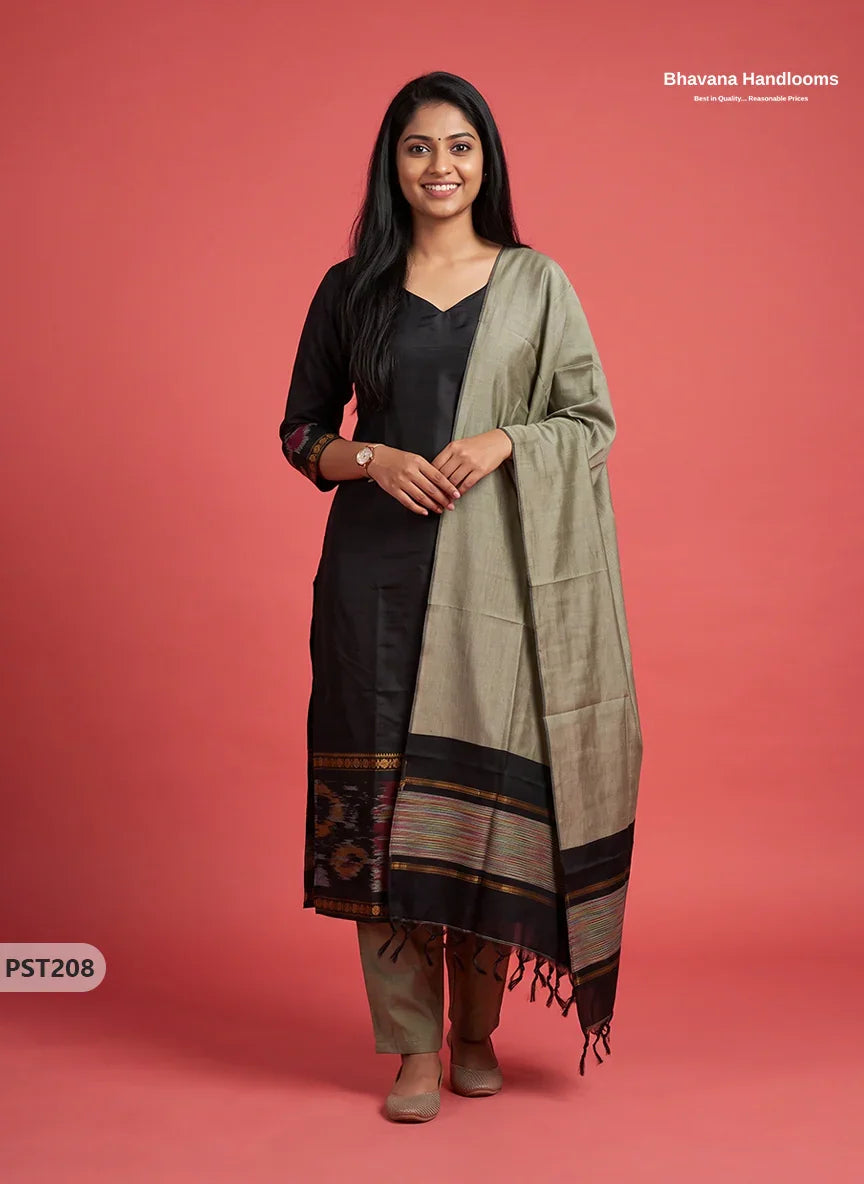 Pochampally Semi Pattu 3PC Kurti Set in Black Colour | Ready-to-Wear Ethnic Wear