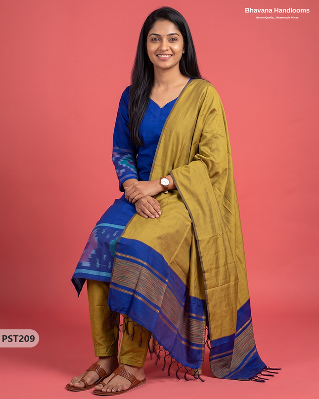 Pochampally Semi Pattu 3PC Kurti Set in Royal Blue Colour | Ready-to-Wear Ethnic Wear