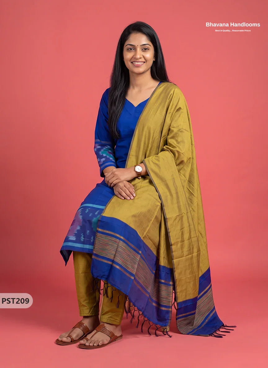 Pochampally Semi Pattu 3PC Kurti Set in Royal Blue Colour | Ready-to-Wear Ethnic Wear