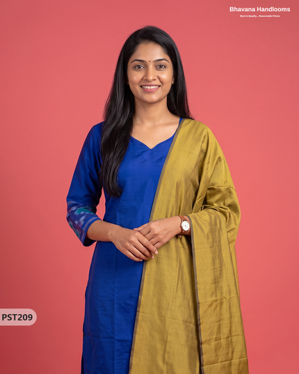 Pochampally Semi Pattu 3PC Kurti Set in Royal Blue Colour | Ready-to-Wear Ethnic Wear