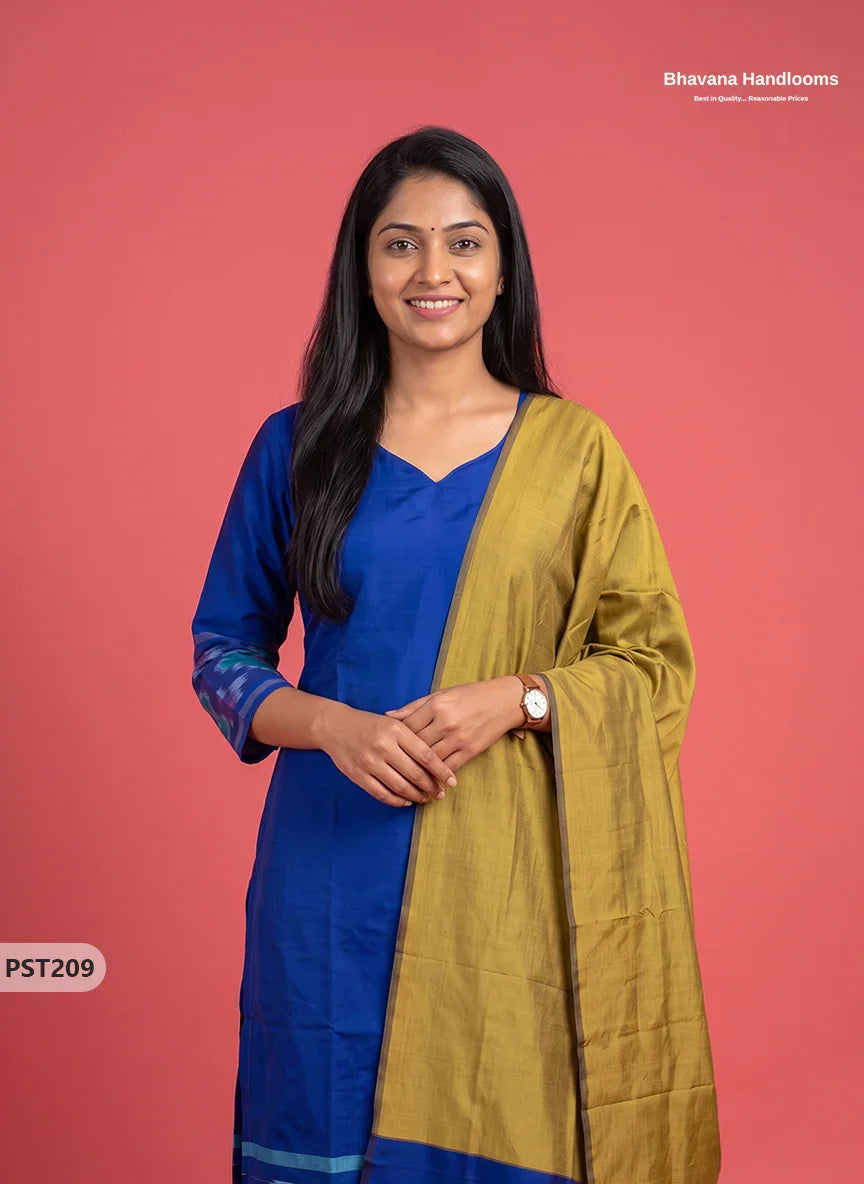 Pochampally Semi Pattu 3PC Kurti Set in Royal Blue Colour | Ready-to-Wear Ethnic Wear