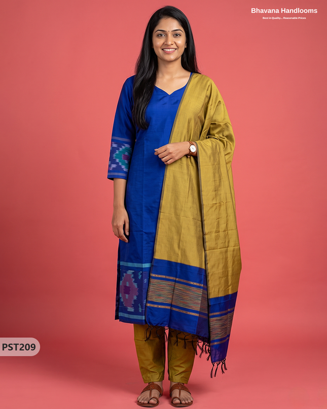 Pochampally Semi Pattu 3PC Kurti Set in Royal Blue Colour | Ready-to-Wear Ethnic Wear