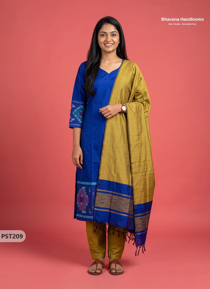 Pochampally Semi Pattu 3PC Kurti Set in Royal Blue Colour | Ready-to-Wear Ethnic Wear