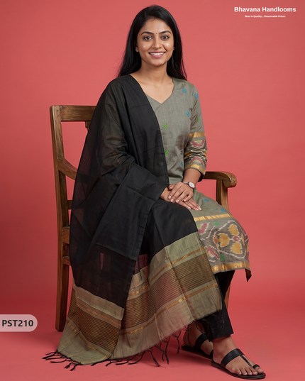 Pochampally Semi Pattu 3PC Kurti Set in Olive Grey Colour | Ready-to-Wear Ethnic Wear