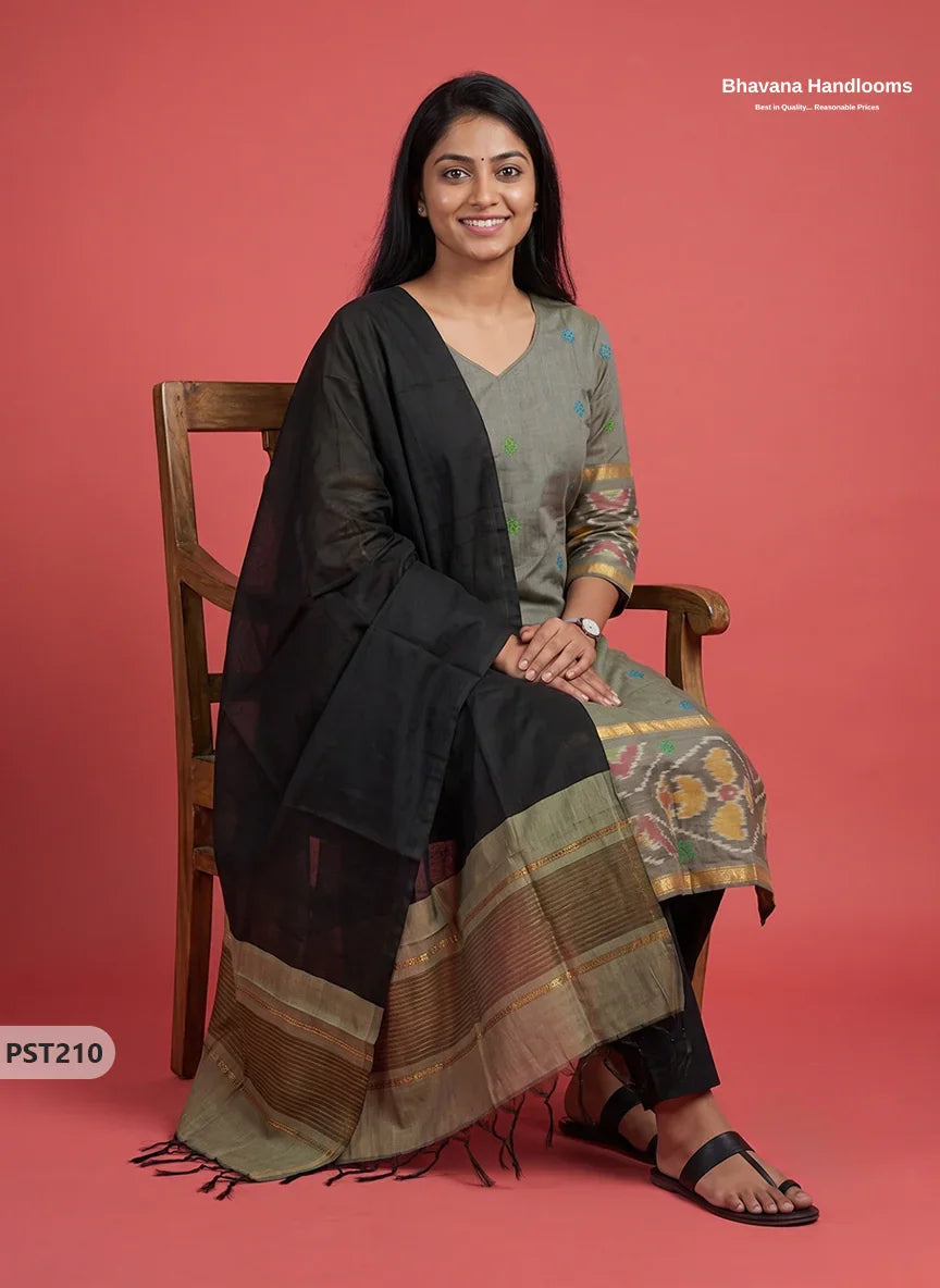 Pochampally Semi Pattu 3PC Kurti Set in Olive Grey Colour | Ready-to-Wear Ethnic Wear