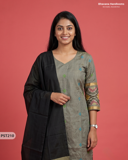Pochampally Semi Pattu 3PC Kurti Set in Olive Grey Colour | Ready-to-Wear Ethnic Wear