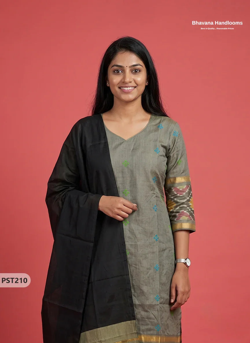Pochampally Semi Pattu 3PC Kurti Set in Olive Grey Colour | Ready-to-Wear Ethnic Wear
