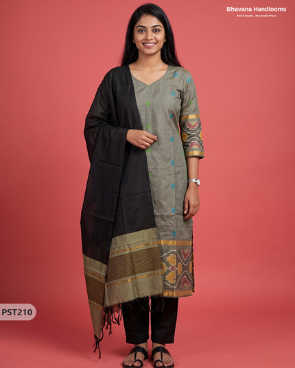 Pochampally Semi Pattu 3PC Kurti Set in Olive Grey Colour | Ready-to-Wear Ethnic Wear