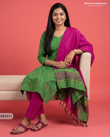 Pochampally Semi Pattu 3PC Kurti Set in Leaf Green Colour | Ready-to-Wear Ethnic Wear