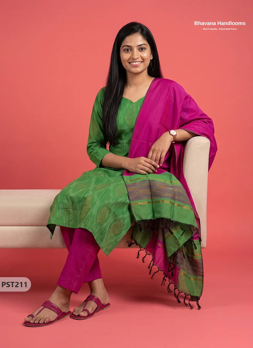 Pochampally Semi Pattu 3PC Kurti Set in Leaf Green Colour | Ready-to-Wear Ethnic Wear