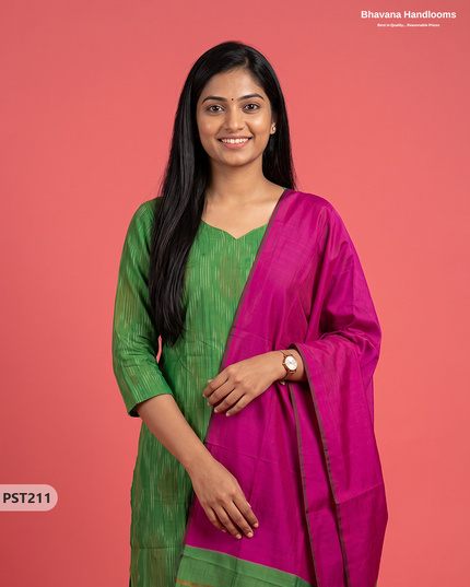 Pochampally Semi Pattu 3PC Kurti Set in Leaf Green Colour | Ready-to-Wear Ethnic Wear