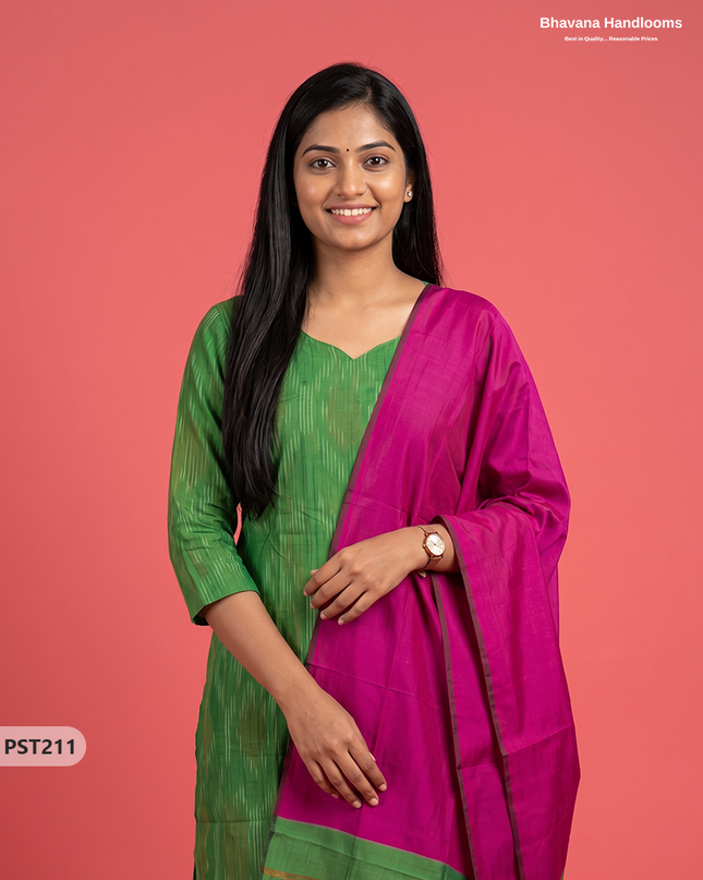 Pochampally Semi Pattu 3PC Kurti Set in Leaf Green Colour | Ready-to-Wear Ethnic Wear
