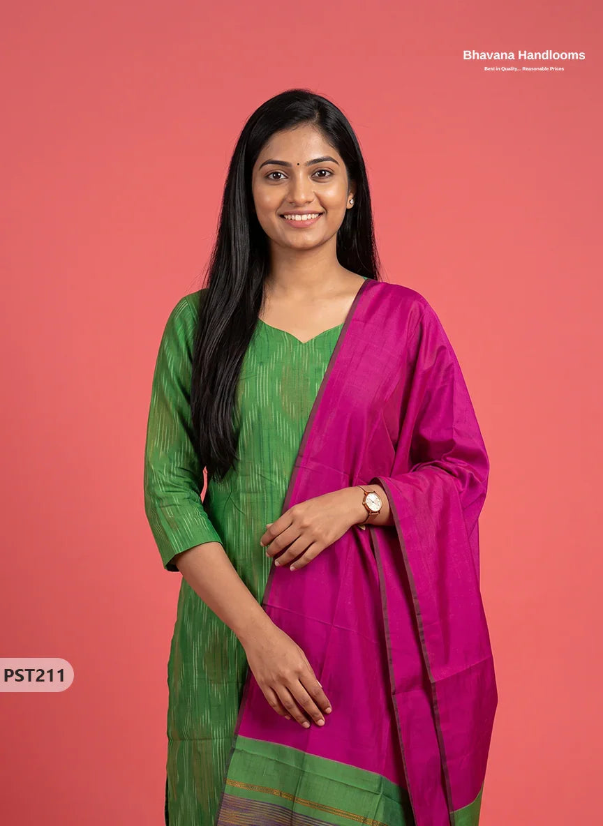 Pochampally Semi Pattu 3PC Kurti Set in Leaf Green Colour | Ready-to-Wear Ethnic Wear