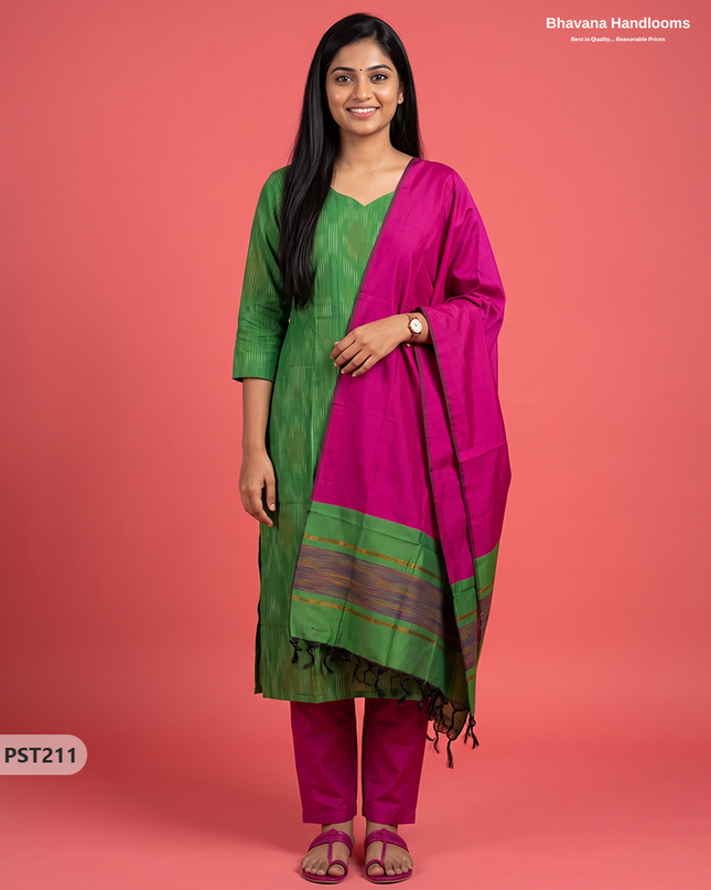 Pochampally Semi Pattu 3PC Kurti Set in Leaf Green Colour | Ready-to-Wear Ethnic Wear