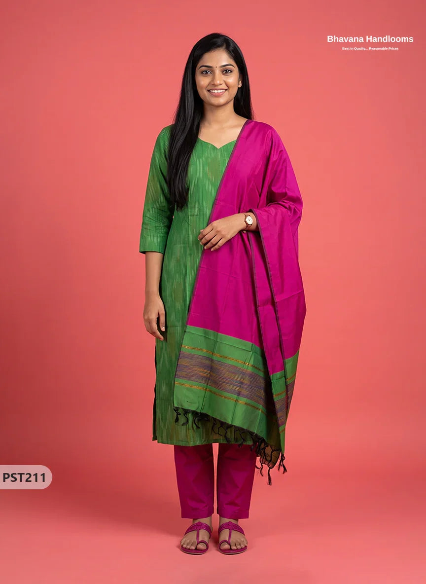 Pochampally Semi Pattu 3PC Kurti Set in Leaf Green Colour | Ready-to-Wear Ethnic Wear