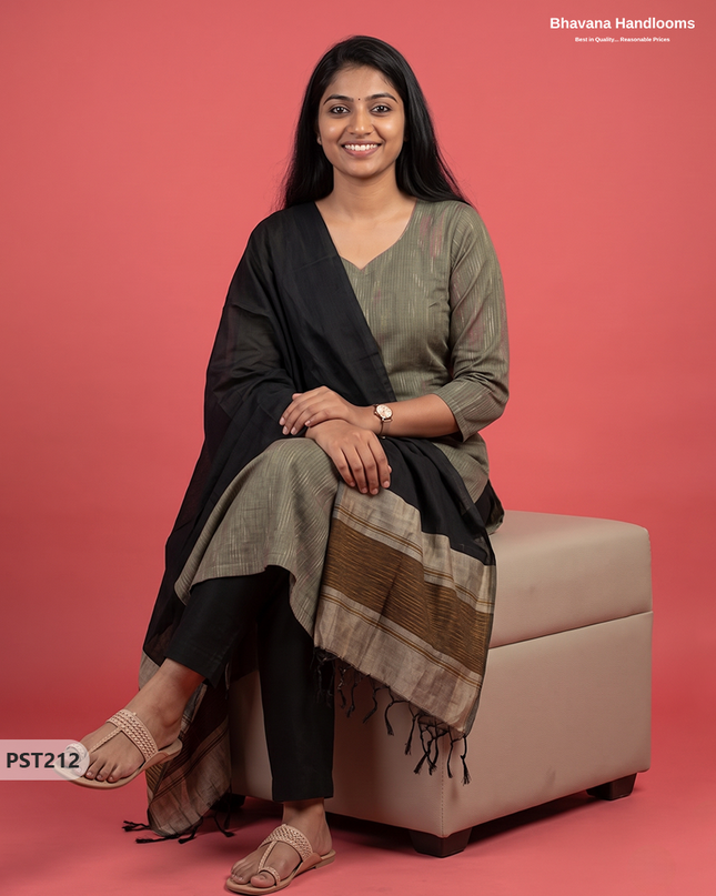 Pochampally Semi Pattu 3PC Kurti Set in Olive Grey Colour | Ready-to-Wear Ethnic Wear