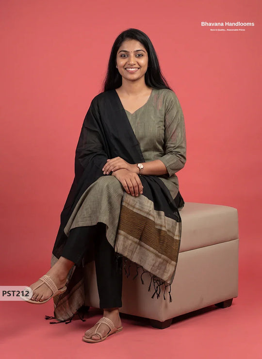 Pochampally Semi Pattu 3PC Kurti Set in Olive Grey Colour | Ready-to-Wear Ethnic Wear