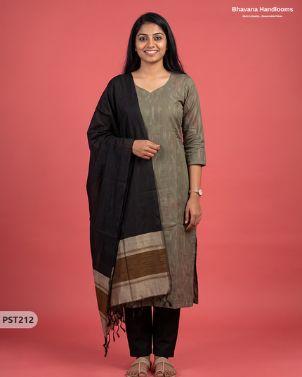 Pochampally Semi Pattu 3PC Kurti Set in Olive Grey Colour | Ready-to-Wear Ethnic Wear