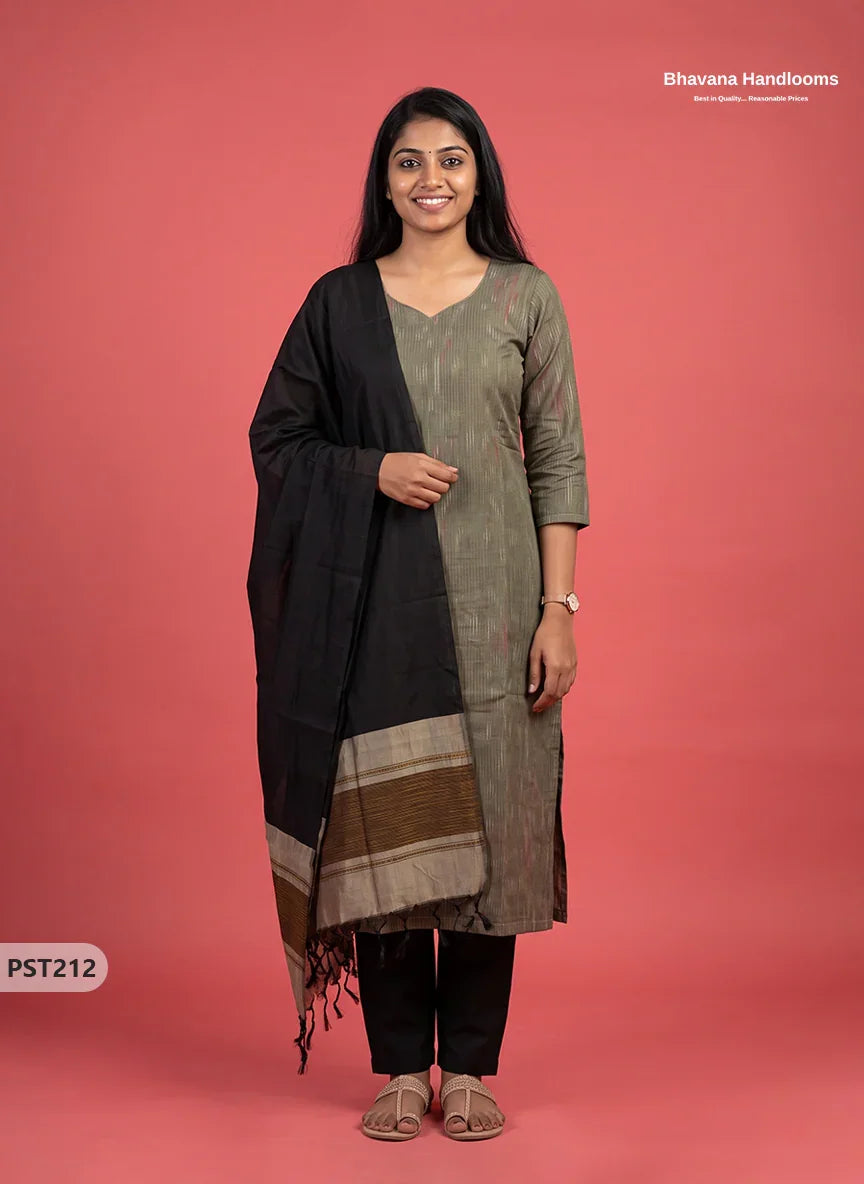 Pochampally Semi Pattu 3PC Kurti Set in Olive Grey Colour | Ready-to-Wear Ethnic Wear