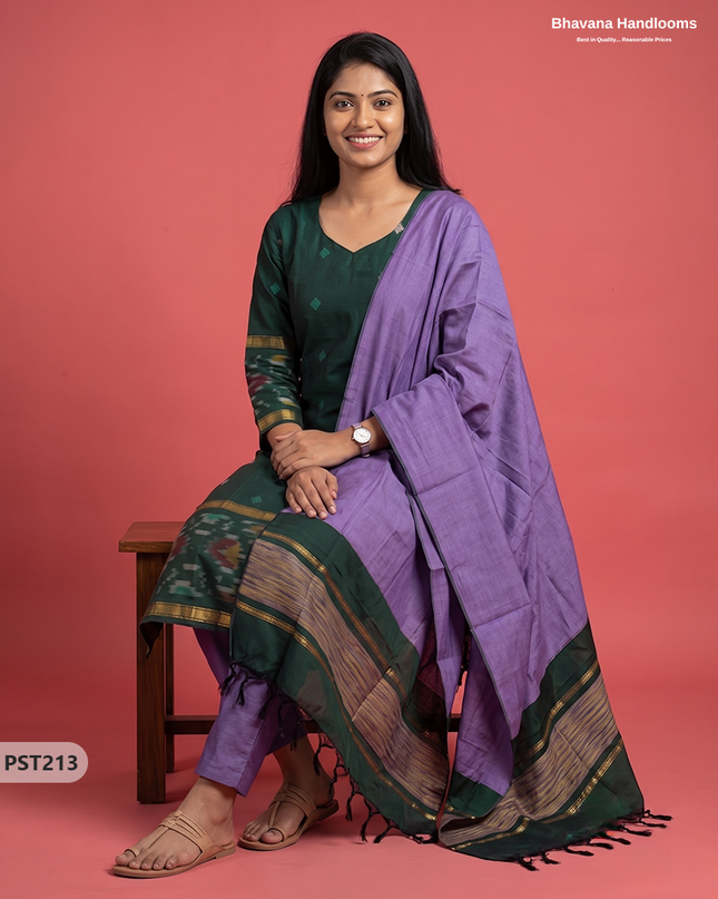 Pochampally Semi Pattu 3PC Kurti Set in Bottle Green Colour | Ready-to-Wear Ethnic Wear