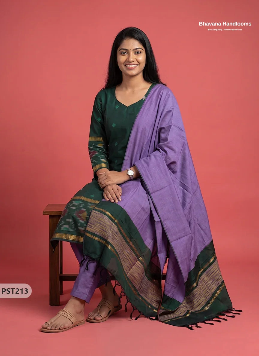Pochampally Semi Pattu 3PC Kurti Set in Bottle Green Colour | Ready-to-Wear Ethnic Wear