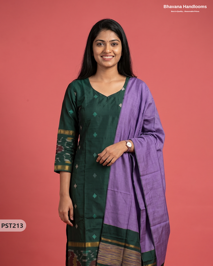 Pochampally Semi Pattu 3PC Kurti Set in Bottle Green Colour | Ready-to-Wear Ethnic Wear