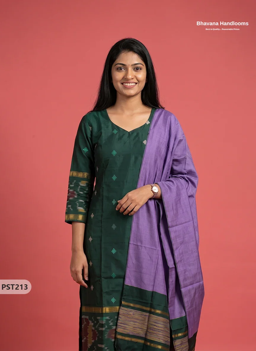 Pochampally Semi Pattu 3PC Kurti Set in Bottle Green Colour | Ready-to-Wear Ethnic Wear