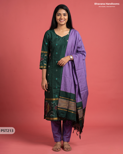 Pochampally Semi Pattu 3PC Kurti Set in Bottle Green Colour | Ready-to-Wear Ethnic Wear