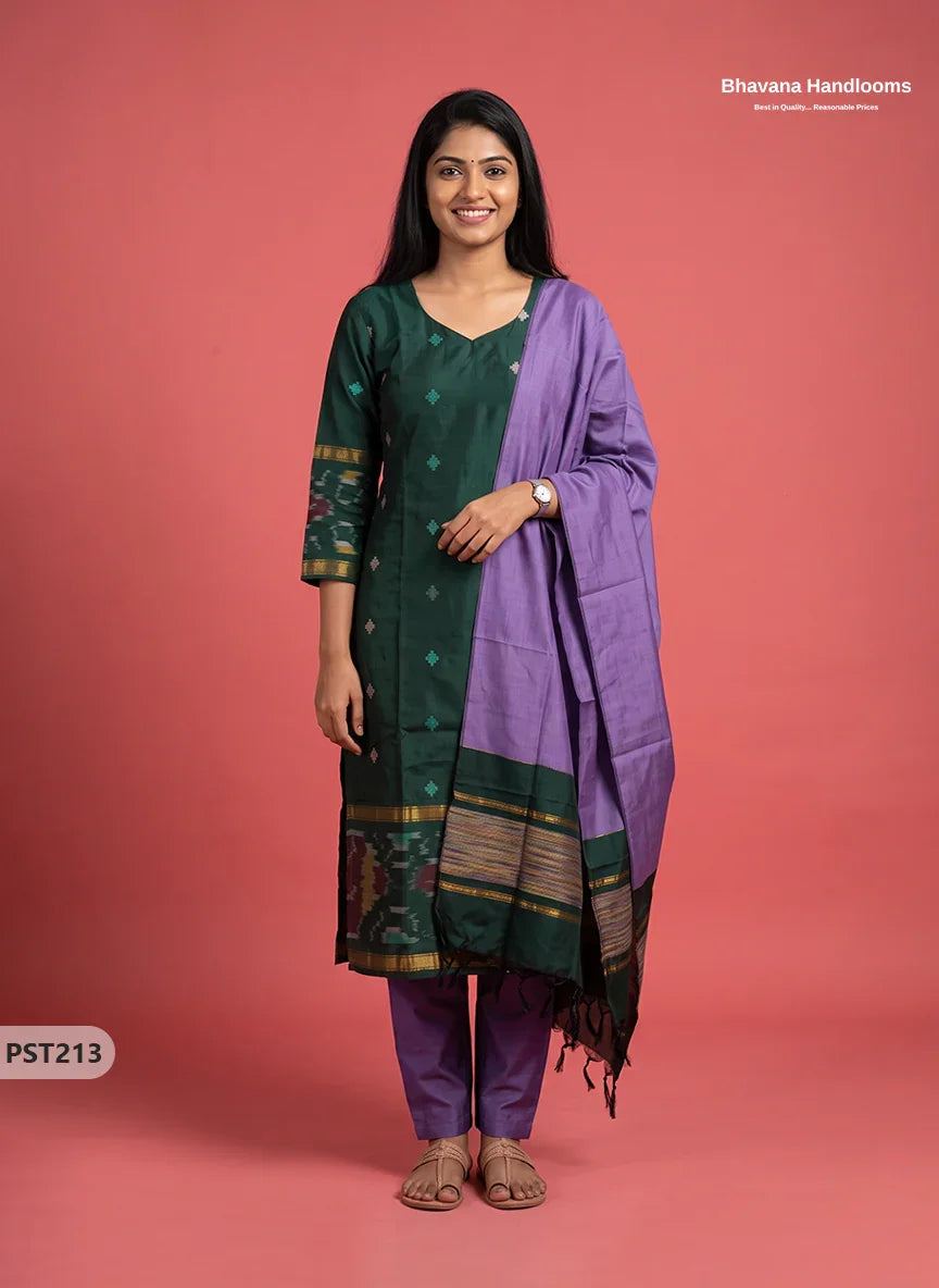 Pochampally Semi Pattu 3PC Kurti Set in Bottle Green Colour | Ready-to-Wear Ethnic Wear