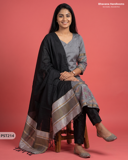 Pochampally Semi Pattu 3PC Kurti Set in Slate Grey Colour | Ready-to-Wear Ethnic Wear
