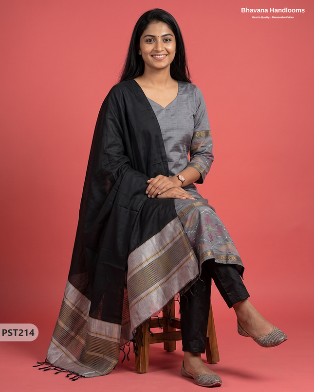 Pochampally Semi Pattu 3PC Kurti Set in Slate Grey Colour | Ready-to-Wear Ethnic Wear