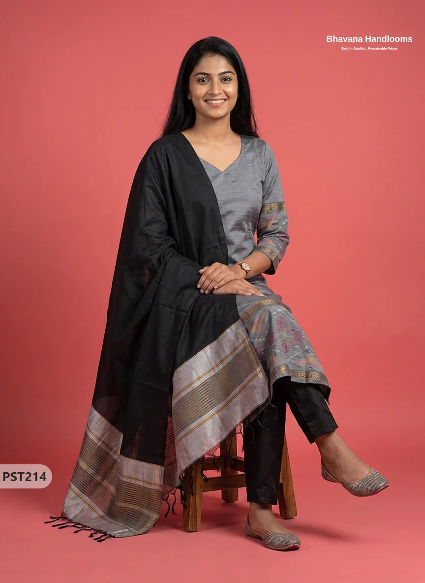 Pochampally Semi Pattu 3PC Kurti Set in Slate Grey Colour | Ready-to-Wear Ethnic Wear