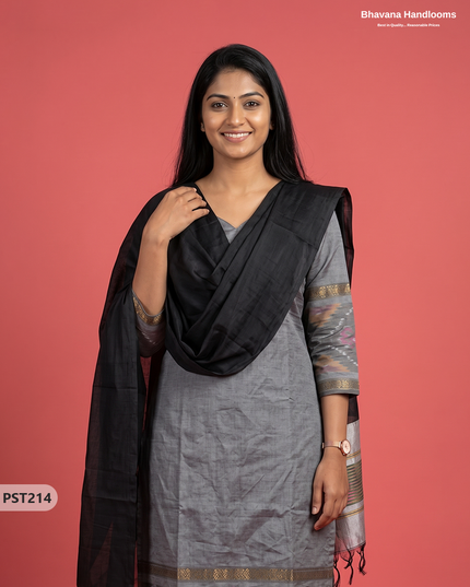 Pochampally Semi Pattu 3PC Kurti Set in Slate Grey Colour | Ready-to-Wear Ethnic Wear