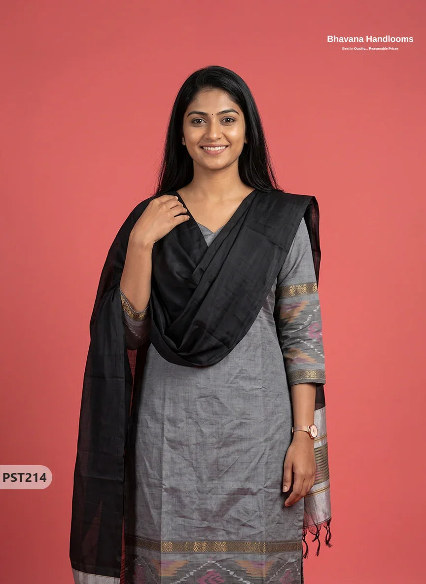 Pochampally Semi Pattu 3PC Kurti Set in Slate Grey Colour | Ready-to-Wear Ethnic Wear