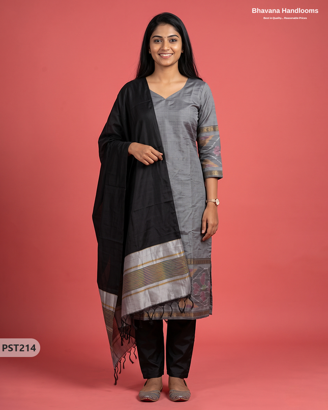 Pochampally Semi Pattu 3PC Kurti Set in Slate Grey Colour | Ready-to-Wear Ethnic Wear