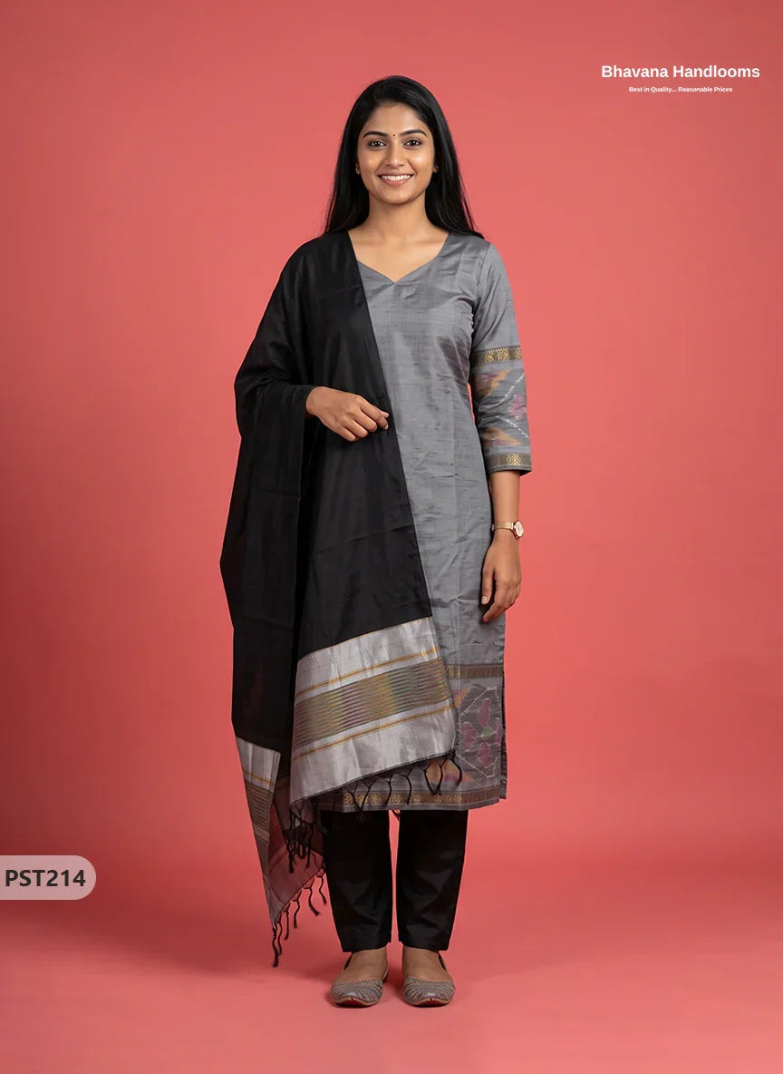 Pochampally Semi Pattu 3PC Kurti Set in Slate Grey Colour | Ready-to-Wear Ethnic Wear