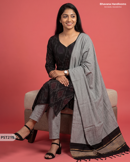 Pochampally Semi Pattu 3PC Kurti Set in Black Colour | Ready-to-Wear Ethnic Wear