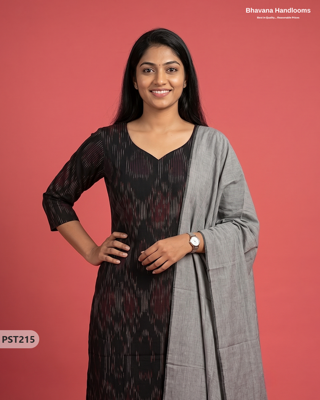Pochampally Semi Pattu 3PC Kurti Set in Black Colour | Ready-to-Wear Ethnic Wear