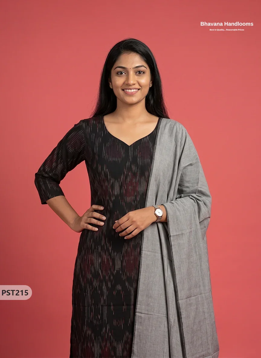 Pochampally Semi Pattu 3PC Kurti Set in Black Colour | Ready-to-Wear Ethnic Wear