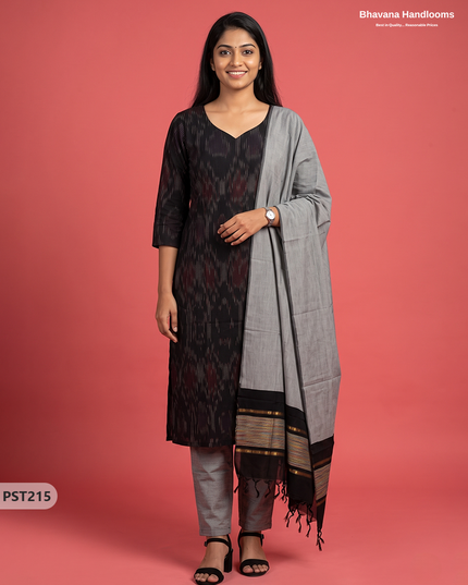 Pochampally Semi Pattu 3PC Kurti Set in Black Colour | Ready-to-Wear Ethnic Wear