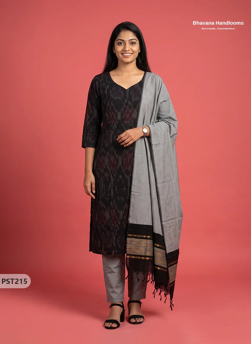 Pochampally Semi Pattu 3PC Kurti Set in Black Colour | Ready-to-Wear Ethnic Wear
