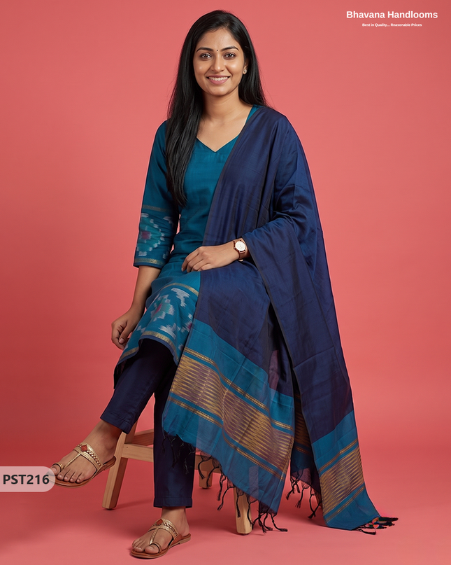Pochampally Semi Pattu 3PC Kurti Set in Peacock Blue Colour | Ready-to-Wear Ethnic Wear
